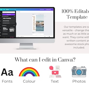 Op de afbeelding: Een computerscherm waarop een Canva-ontwerptemplate wordt weergegeven met de tekst "Proposal" en een foto van een strand. De tekst "100% bewerkbare sjabloon" wordt boven het computerscherm weergegeven. Onder het computerscherm wordt de tekst "Wat kan ik bewerken in Canva?" weergegeven met vier pictogrammen die lettertypen, kleuren, tekst en foto's voorstellen.