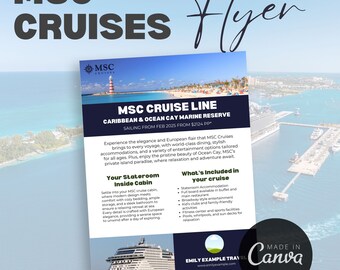 May include: A promotional flyer for MSC Cruises, featuring a cruise ship and tropical island imagery. The flyer highlights the Caribbean & Ocean Cay Marine Reserve, with text detailing cruise features and pricing.