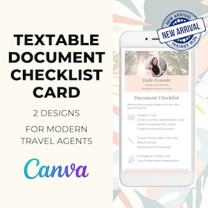 May include: A digital checklist card template for travel agents. The card features a document checklist with items like passport, visa, driver's license, health insurance, travel insurance, tickets, boarding pass, reservations, emergency contact info, and prescription medications. The card also includes a space for the travel agent's name, contact information, and a photo. The text "NEW ARRIVAL" is displayed in a red starburst.