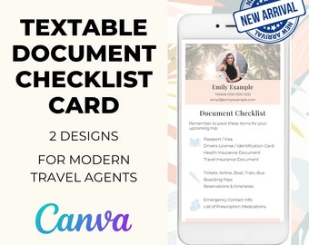 Travel Agent Document Checklist Card: Textable Canva Template (PDF)