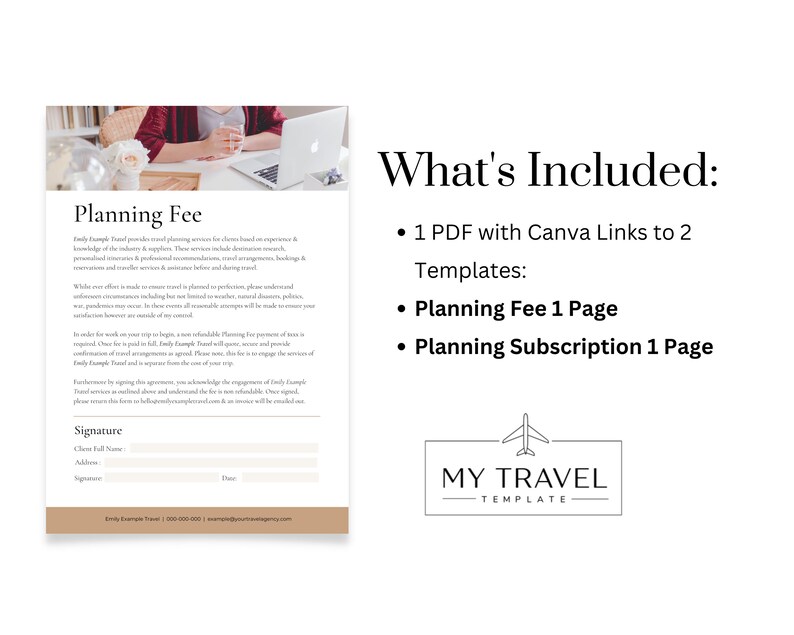 May include: A printable planning fee agreement form for travel planners. The form includes a signature line, client information, and space for the date. The text on the form reads "Planning Fee" and includes a description of the services provided. The form is designed to be used by travel planners to outline their fees and services with clients.