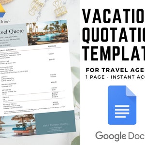 Puede incluir: Una plantilla de documento de Google Docs para agentes de viajes. El documento se titula "Plantilla de cotización de vacaciones" e incluye una cotización de viaje de muestra con una lista de gastos de viaje y un monto total. El documento está disponible para acceso instantáneo.