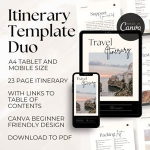 Travelplanner, Travel Itinerary, Downloadable Itinerary, Travel Planner, Packing Checklist, Traveling Guide Editable Canva