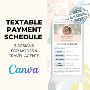 May include: A mobile phone screen displaying a payment schedule template with a woman's photo in the top left corner. The template includes a deposit, two installments, and a final payment amount. The text "NEW ARRIVAL" is in a red circle with stars in the top right corner.