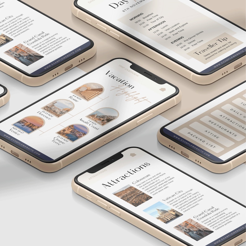 Peut inclure: Une maquette de smartphone avec un itin&eacute;raire de vacances pour Rome, en Italie. L'itin&eacute;raire comprend une liste d'attractions, de restaurants et d'activit&eacute;s. Le t&eacute;l&eacute;phone est sur un fond blanc.