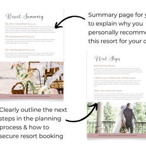 Op de afbeelding: Een bruiloftplanningsgids met een resort-overzichtpagina en de volgende stappen voor het boeken. De gids bevat een lijst met resorts met prijzen en een sectie over het bevestigen van de trouwdatum en het reserveren van kamers.