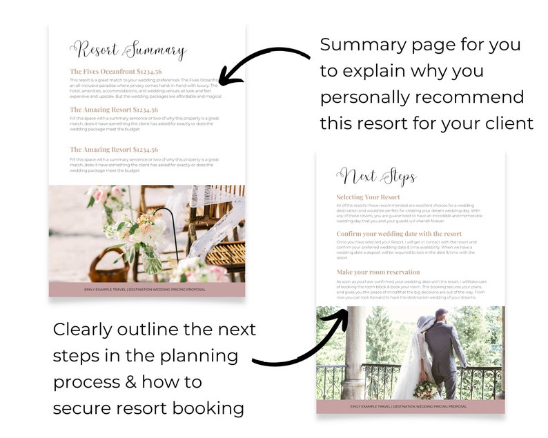 Op de afbeelding: Een bruiloftplanningsgids met een resort-overzichtpagina en de volgende stappen voor het boeken. De gids bevat een lijst met resorts met prijzen en een sectie over het bevestigen van de trouwdatum en het reserveren van kamers.