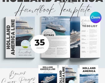 May include: A Holland America cruise handbook template with a cruise ship on the cover. The handbook includes 35 pages and bonus cover pages. The template is designed in Canva.