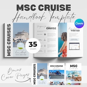 May include: A handbook template for MSC Cruises, featuring a cruise ship on the cover. The open book displays interior pages with travel information. The design includes the text "MSC Cruise Handbook Template" and "35 Pages".