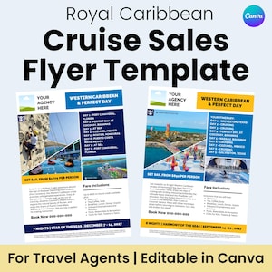 Royal Caribbean cruise sales flyer template for travel agents designed for enquiry follow-up and cruise promotion. Editable one page Canva template.