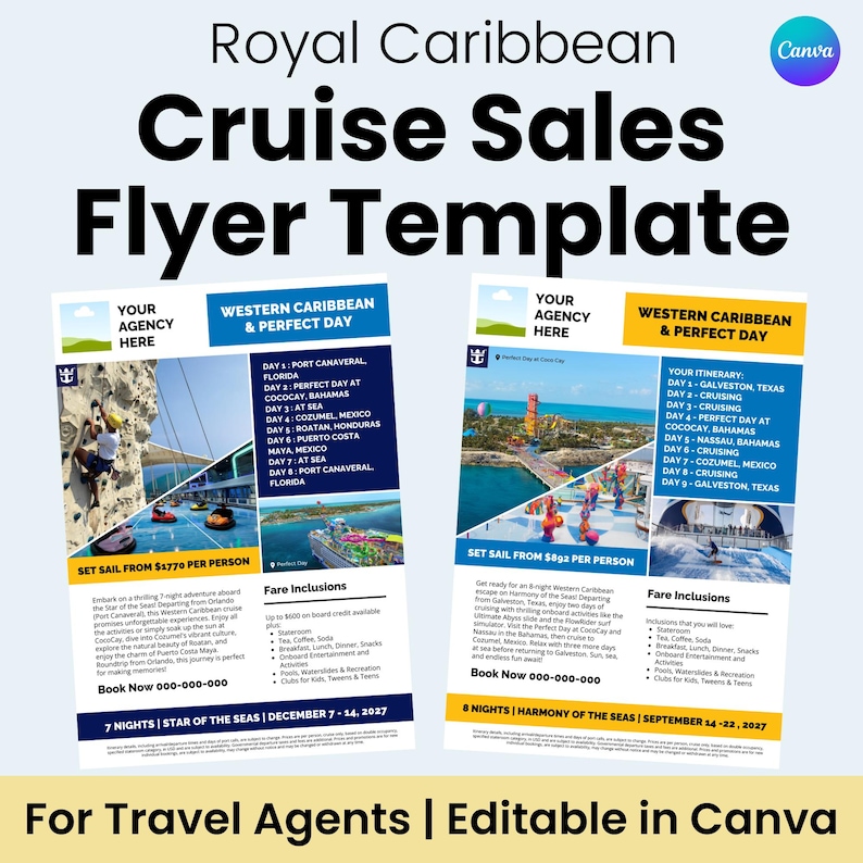 Royal Caribbean cruise sales flyer template for travel agents designed for enquiry follow-up and cruise promotion. Editable one page Canva template.