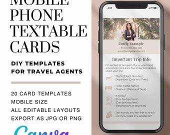 May include: A mobile phone screen mockup showing a text message template for travel agents. The template includes a photo of a woman, contact information, and a section for important trip information. The text on the screen reads "Important Trip Info" and "I'm excited to be a part of your upcoming adventure! Here are a few important details about your trip: Flight: [Flight Number] Departure: [Date and Time] Hotel: [Hotel Name] Check-In: [Date and Time] Itinerary: [Day-by-day plans] [Day-by-day plans] [Reservations or activities] Safe travels, and feel free to reach out if you need any assistance!"
