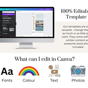 May include: A computer screen displaying a design template with the text "Proposal" on it. The text "100% Editable Template" is displayed above the computer screen. Below the computer screen, the text "What can I edit in Canva?" is displayed with four icons representing fonts, colors, text, and photos.