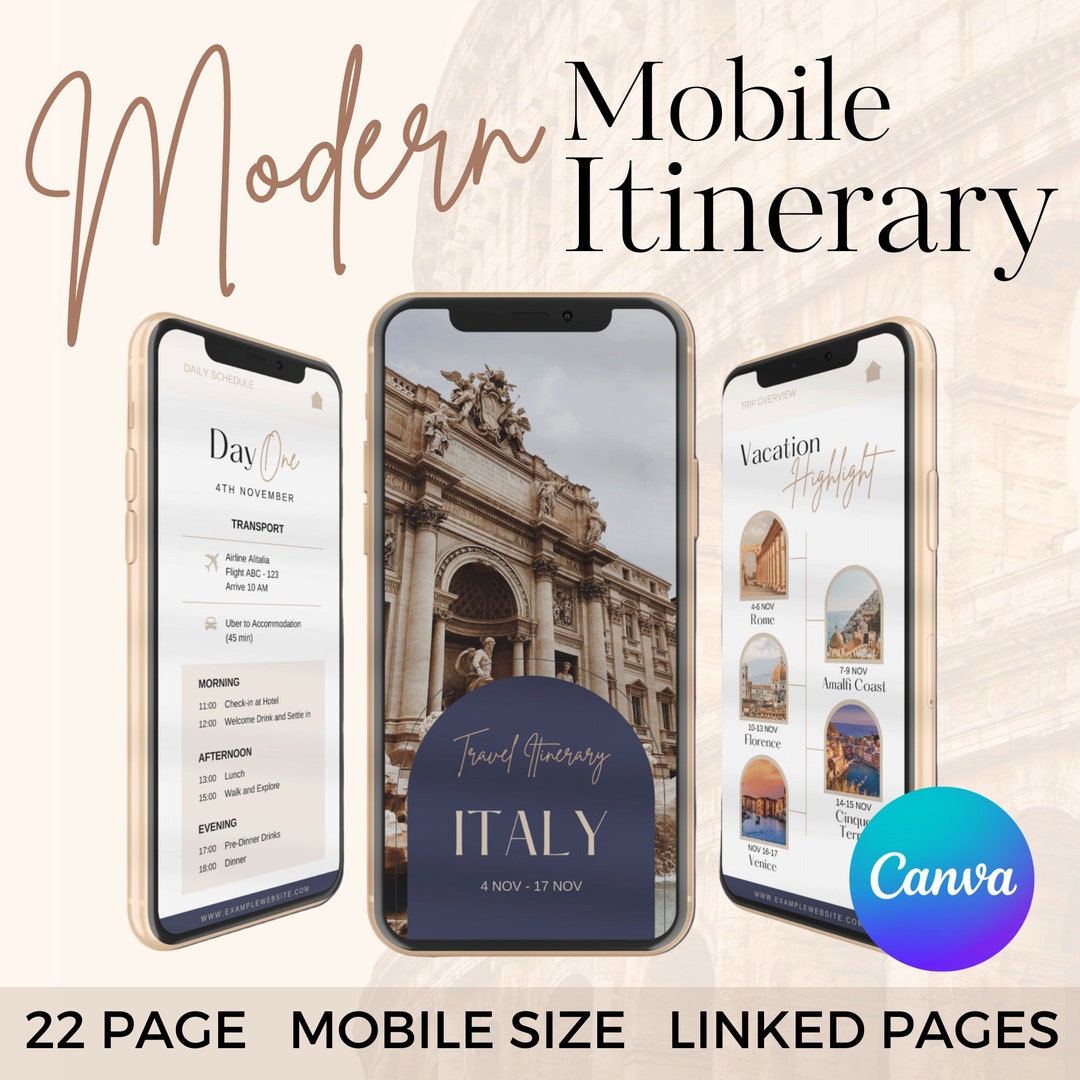 Mobile Travel Itinerary Template: 22-page Canva Planner (digital ...
