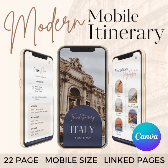 Mobile Travel Itinerary Template: 22-Page Canva Planner (Digital Download)