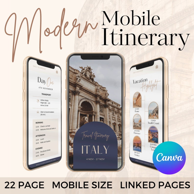 Travel Itinerary Template | Mobile Itinerary | Travel Planner | Trip Itinerary | Traveling Guide | Digital Itinerary | Travel Marketing | canva europe | europe trip | editable travel | canva trip | agent vacation. vacation plan | trip itinerary canva