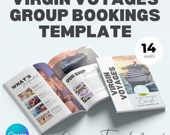 May include: A template for Virgin Voyages group bookings, featuring a brochure with images of cruise ships and the text "Virgin Voyages" and "Cruise Travel Agents." The template includes 14 pages and is designed in Canva.