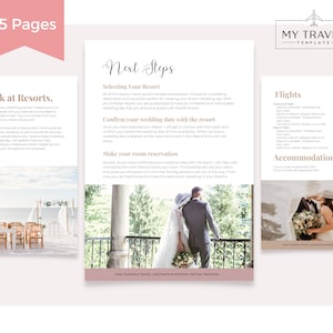 Op de afbeelding: Een bruiloftplanningsgids met de titel "My Travel Template" en een sectie met de titel "Next Steps" met informatie over het selecteren van een resort, het bevestigen van de trouwdatum en het reserveren van kamers. De gids bevat ook secties voor vluchten en accommodatie.