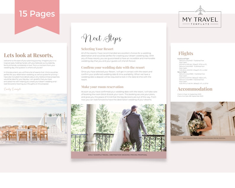 Op de afbeelding: Een bruiloftplanningsgids met de titel "My Travel Template" en een sectie met de titel "Next Steps" met informatie over het selecteren van een resort, het bevestigen van de trouwdatum en het reserveren van kamers. De gids bevat ook secties voor vluchten en accommodatie.