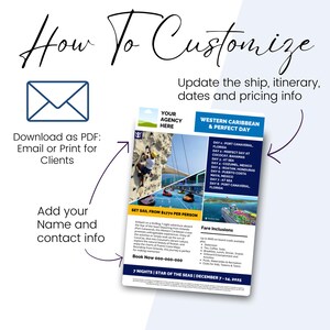 How to customise your Royal Caribbean cruise flyer template in Canva, easy editing for travel agents with logo and branding.