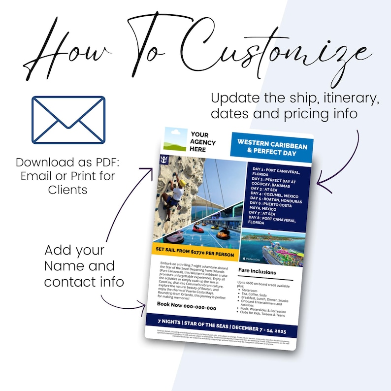 How to customise your Royal Caribbean cruise flyer template in Canva, easy editing for travel agents with logo and branding.