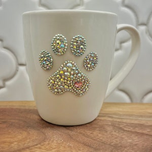 11oz coffee cup, personalized mug, tea, coffee, dog mug, rhinestone mug, crystal mug, paw print, paw print mug