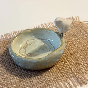 Handmade Ceramic Ring and Jewelry Holder with Bird — magical Glazed Dish