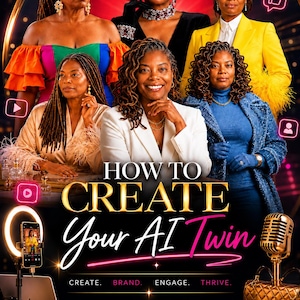Może przedstawiać: Grafika promocyjna zatytułowana HOW TO CREATE Your AI Twin przedstawiająca sześć zdjęć tej samej osoby w różnych strojach i pozach. Tekst zawiera CREATE. BRAND. ENGAGE. THRIVE. oraz kubek z napisem Build Your Brand Your Way.