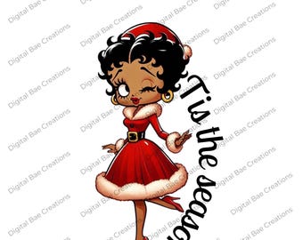 Puede incluir: Una ilustración de dibujos animados de una mujer con un vestido rojo con ribete de piel blanca, un gorro de Papá Noel rojo y zapatos negros. Ella está guiñando un ojo y levantando su mano derecha. El texto "Tis the season" está escrito en un arco curvo alrededor de ella.