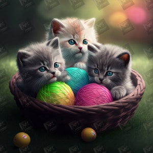 Digital image kittens in basket with colored balls of wool - 3D rendered