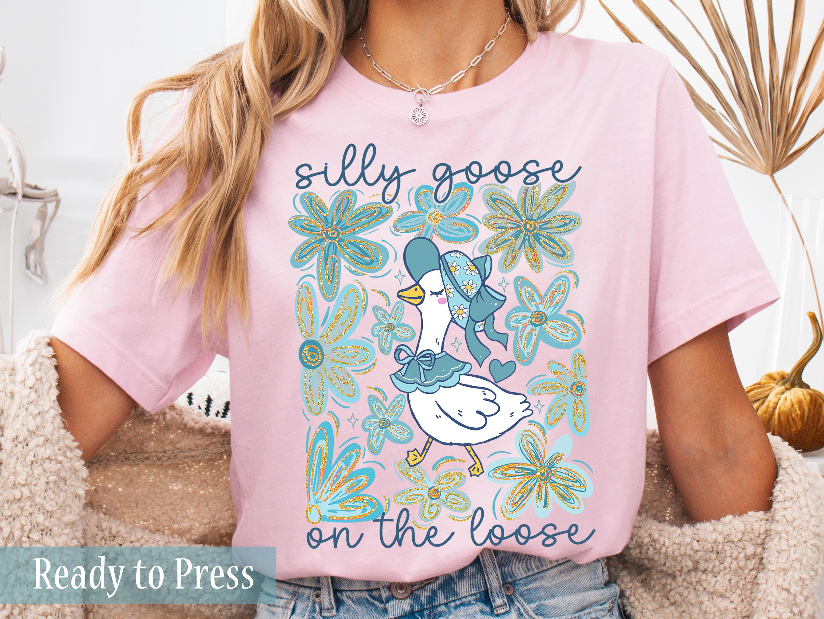 Blue Floral Silly Goose On The Loose - Ready to Press DTF Transfers - Direct to Film Transfers - DTF Print