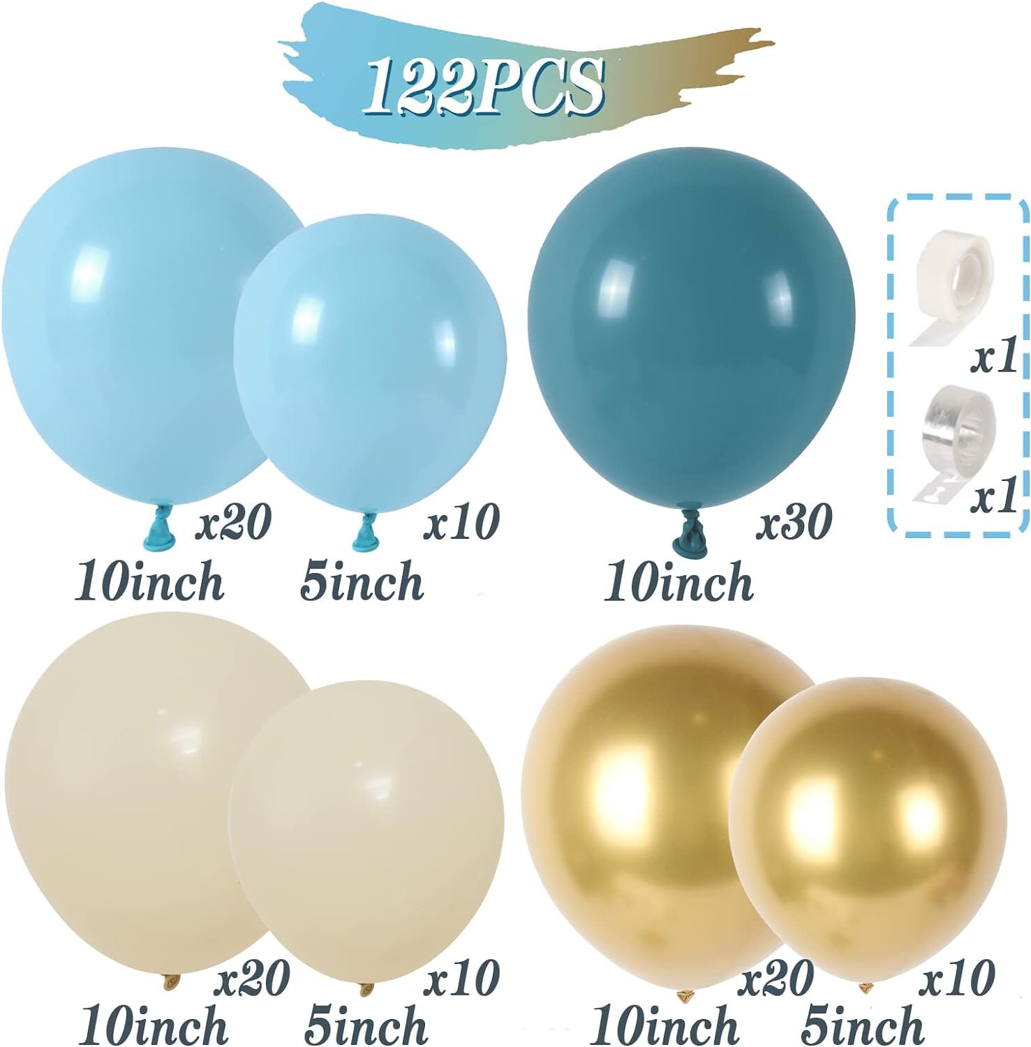 Dusty Matte Baby Blue Gold White Balloons Arch Kit for Baby Shower