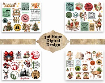 Könnte beinhalten: Ein digitales Papierpaket mit einem Weihnachtsmotiv. Die Bilder zeigen eine Vielzahl von weihnachtlichen Illustrationen, darunter eine Krippe, einen Schneemann, ein Rentier, einen Weihnachtsbaum und verschiedene Texte. Die Texte beinhalten Sätze wie "Jesus ist der Retter", "Ehre dem neugeborenen König", "Freude der Welt" und "Frohe Weihnachten".