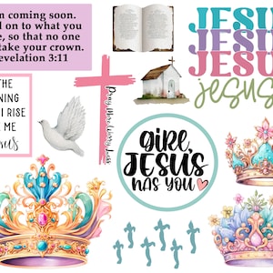 May include: A digital collage of religious imagery, including crowns, crosses, doves, and the words "Jesus" and "Pray More Worry Less".