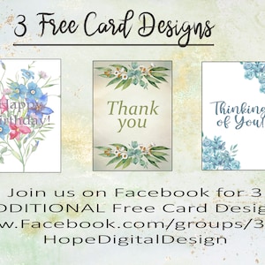 May include: Three free card designs are displayed, each with a unique watercolor design. One card says "Happy Birthday!" with a floral arrangement. Another says "Thank you" with greenery. The third says "Thinking of You!" with blue roses.