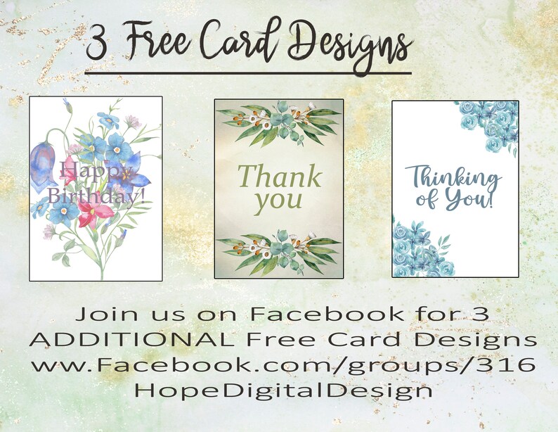May include: Three free card designs are displayed, each with a unique watercolor design. One card says "Happy Birthday!" with a floral arrangement. Another says "Thank you" with greenery. The third says "Thinking of You!" with blue roses.