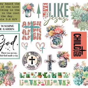 May include: Digital collage sheet with a variety of religious and inspirational quotes and images. The sheet features succulents, jars, crosses, and the words "Love Like Jesus", "Amen", "Child of God", "But God", "Repeat Pray Trust Wait", and "God Walking in the Garden".
