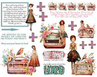 Puede incluir: Un collage digital con un tema religioso. La imagen presenta radios vintage con acentos florales, signos más y citas inspiradoras sobre la fe, la misericordia y Dios. El texto incluye "¡El siervo de Dios alaba al Señor por su poder y misericordia!" y "Confianza en Dios Sabiendo que yo no puedo, pero Él sí Mi ayuda viene del Señor."