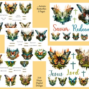 Op de afbeelding: Digitaal ontwerp met vlinders met inspirerende woorden zoals "Salvation", "Justice", "Love", "Hope", "Savior", "Redeemer", "Jesus", "Lord", en "God".