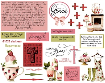 May include: A collage of watercolor illustrations featuring religious themes and decorative elements. Includes text such as "Grow in Grace", "His Grace is Enough", and Bible verses. The artwork incorporates crosses, cakes, and strawberry-themed items.