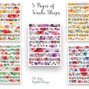 Op de afbeelding: Vijf pagina's met digitaal printbare washi tape met aquarelbloemmotieven en religieuze tekst, waaronder "God is goed", "Gemaakt" en "Geloof, hoop, liefde".