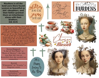 Puede incluir: Un collage de citas inspiradoras y retratos vintage. La imagen incluye texto como "Glitter in my veins, Jesus in my heart" y "He carries my burdens". Tazas de té decorativas, macarons y detalles florales adornan el diseño.