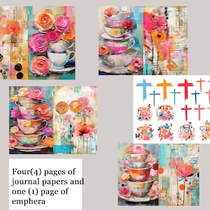Journaling Kit Mixed Media Teetassen & Rosen, inspirierendes Journalpapier/Emphera, Chrisitan Digital, Faith Journal Cards, inspirierende Karten