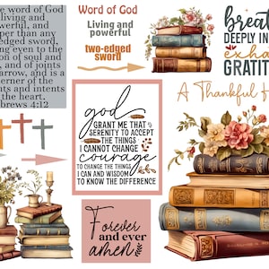 Könnte beinhalten: Eine digitale Collage aus inspirierenden Zitaten und Bildern. Die Zitate beinhalten "Wort Gottes", "Gott gib mir die Gelassenheit, die Dinge anzunehmen, die ich nicht ändern kann, den Mut, die Dinge zu ändern, die ich kann", "tief in den Glauben atmen, Dankbarkeit ausatmen", "Ein dankbares Herz" und "Für immer und ewig, Amen". Die Bilder zeigen Bücherstapel, Blumen und Kreuze.