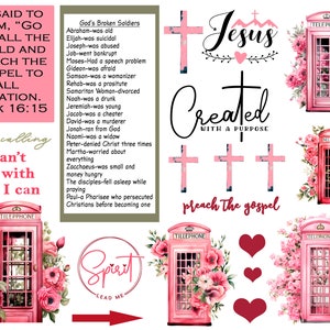 Puede incluir: Un collage digital de imágenes rosas y rojas con un tema cristiano. Las imágenes incluyen una cruz, una cabina telefónica, flores y las palabras "Jesús Creado con un Propósito" y "Predicar el Evangelio".