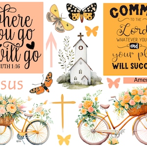 May include: A digital printable with a religious theme. The image features a white church, a bicycle with flowers, butterflies, and inspirational quotes. The quotes include "Where you go I will go, Ruth 1:16", "Jesus", and "Commit to the Lord whatever you do and your plan will succeed, Amen".