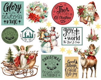 Könnte beinhalten: Eine Sammlung von Vintage-Weihnachtsillustrationen mit verschiedenen festlichen Motiven, darunter eine Krippe, ein Schneemann, ein Rentier, ein Schlitten und der Weihnachtsmann. Die Illustrationen sind im traditionellen Stil mit leuchtenden Farben und filigranen Details gehalten. Der Text auf den Bildern enthält Sätze wie "Ehre sei dem neugeborenen König", "Die Geschichte von Weihnachten", "Freude über die Welt" und "Frohe Botschaft von Trost und Freude".