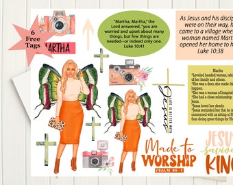 May include: A digital printable sticker sheet with a religious theme. The sheet features a woman with butterfly wings, a camera, crosses, and text that says "Jesus Saviour King" and "Made to Worship".