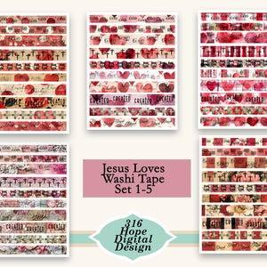 May include: A set of five washi tape designs with religious themes. The tapes feature crosses, hearts, and floral patterns in shades of red, pink, and cream. Text includes "God", "Jesus Loves", and "Created".