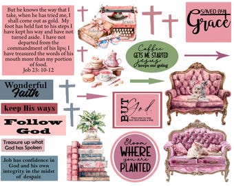 May include: A digital collage of inspirational quotes and images. The collage features a typewriter, a couch, books, and flowers. The quotes include "Saved by Grace", "Follow God", "Bloom Where You Are Planted", and "Coffee Gets Me Started Jesus Keeps Me Going".